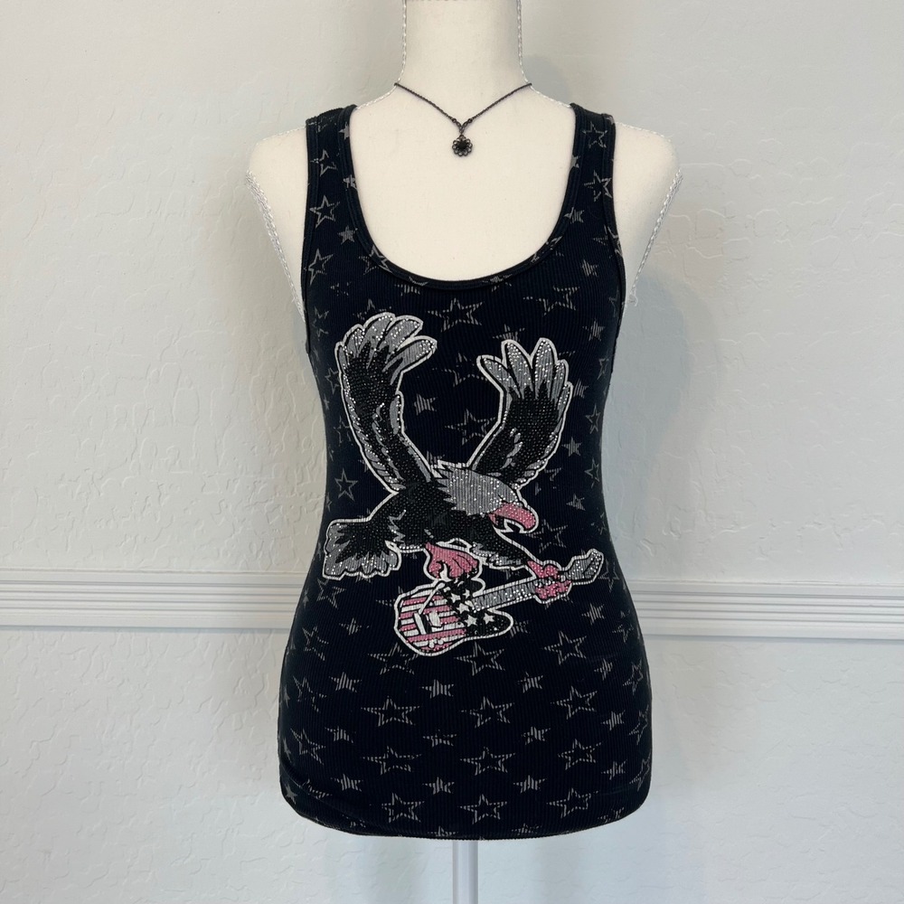 vintage y2k all over star graphic tank top with rhinestone eagle guitar graphic
